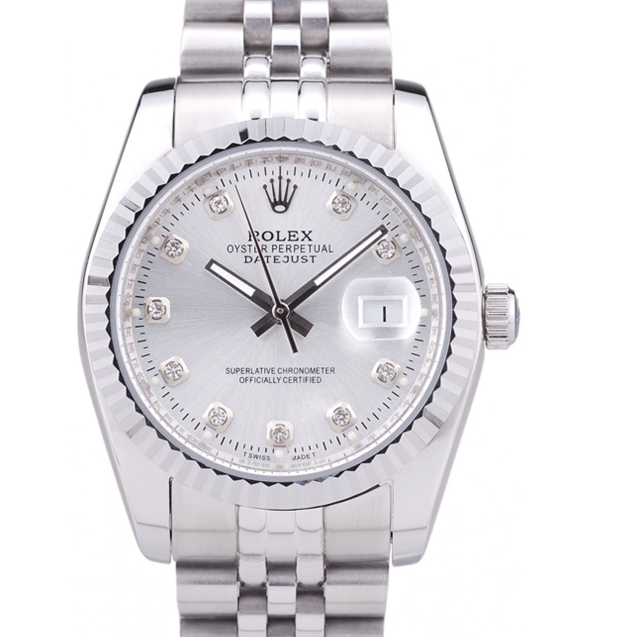 Aaa replica watch Datejust Dial 7455 Silver Rolex Diamonds Ribbed Bezel 0806